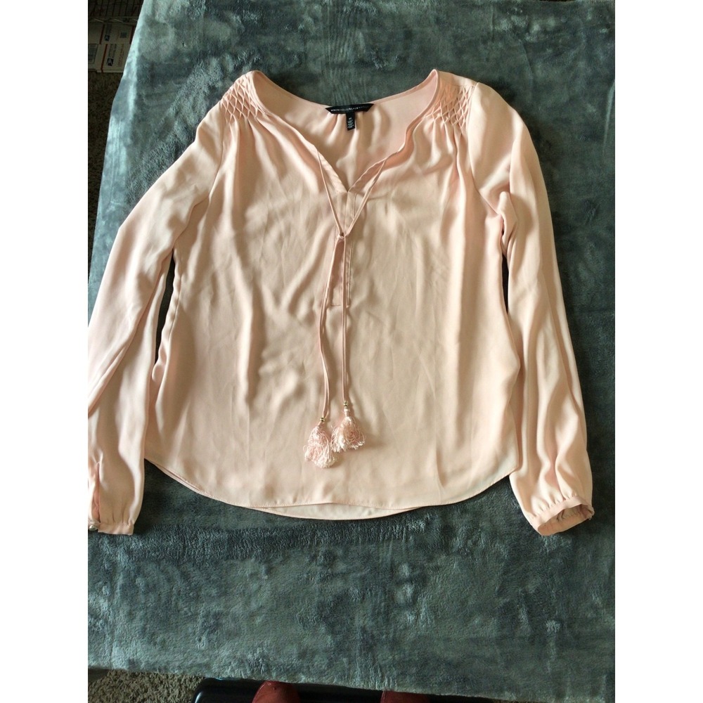 White House Black Market Womens Pink Tassel Front V-Neck Long Sleeve Blouse - 10